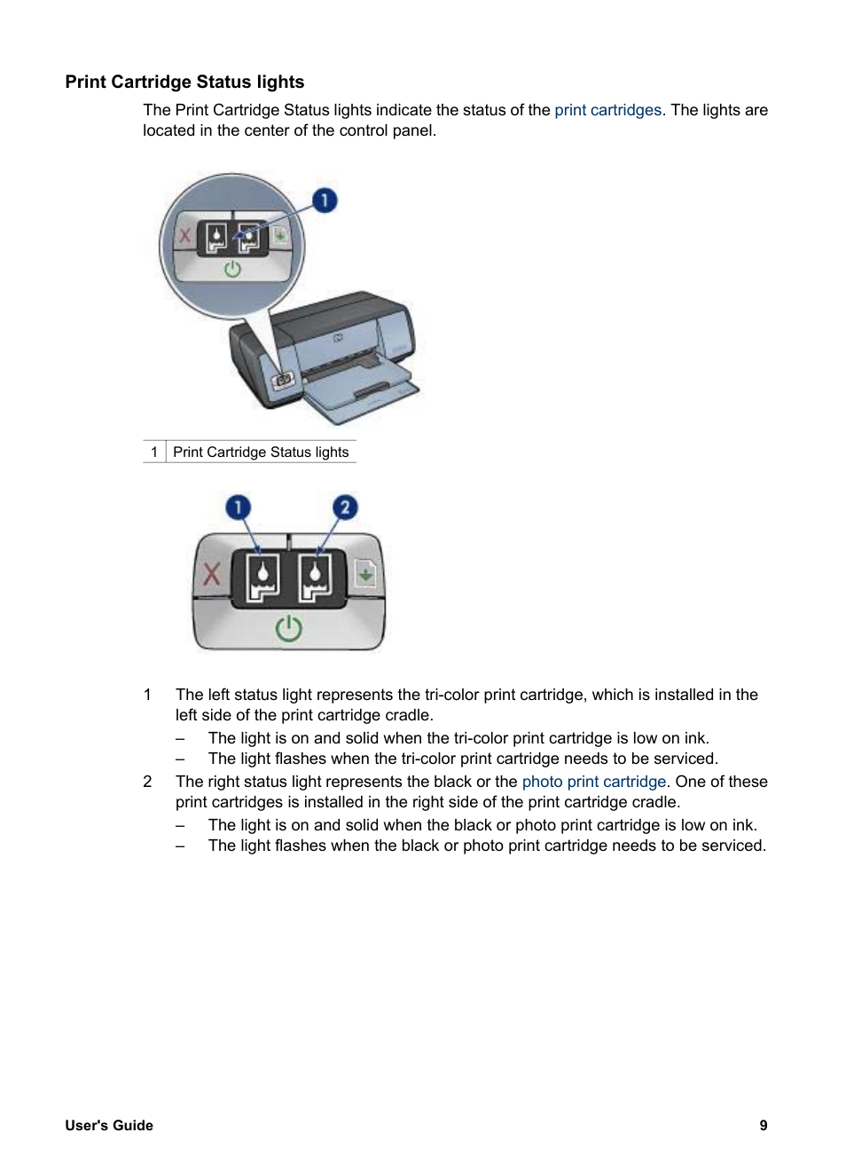 Print cartridge status lights | HP Deskjet 5740 Color Inkjet Printer User Manual | Page 11 / 102