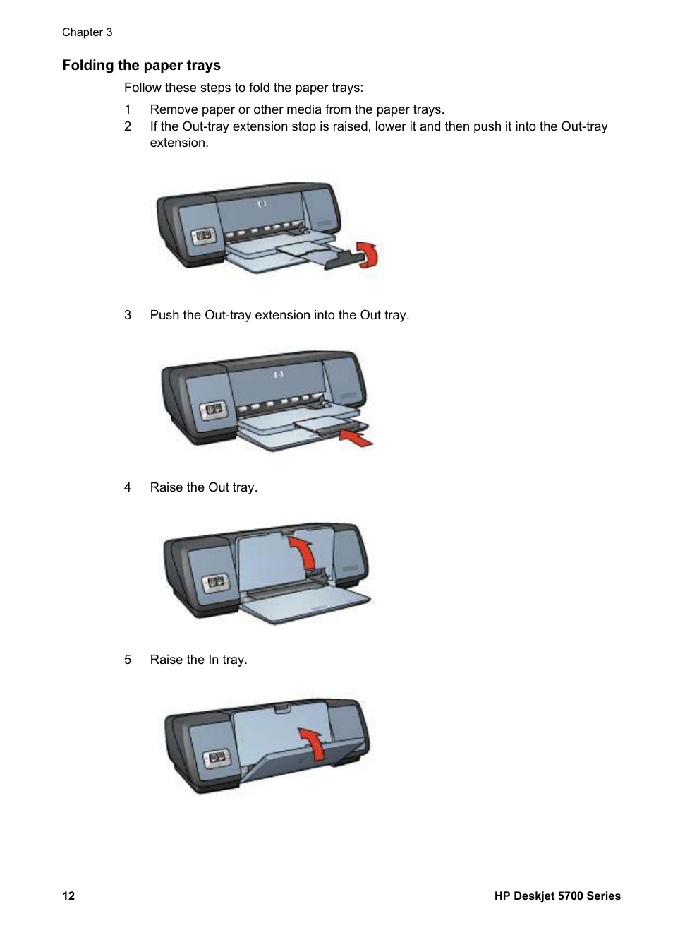 Folding the paper trays | HP Deskjet 5740 Color Inkjet Printer User Manual | Page 14 / 102