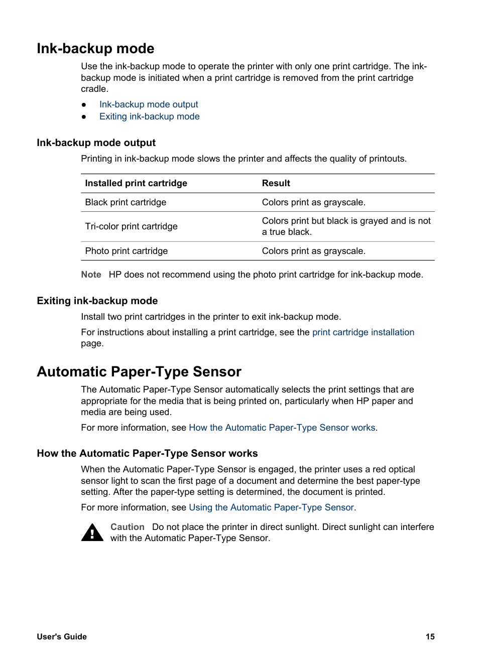 Ink-backup mode, Ink-backup mode output, Exiting ink-backup mode | Automatic paper-type sensor, How the automatic paper-type sensor works, With, One print cartridge, Can operate in | HP Deskjet 5740 Color Inkjet Printer User Manual | Page 17 / 102