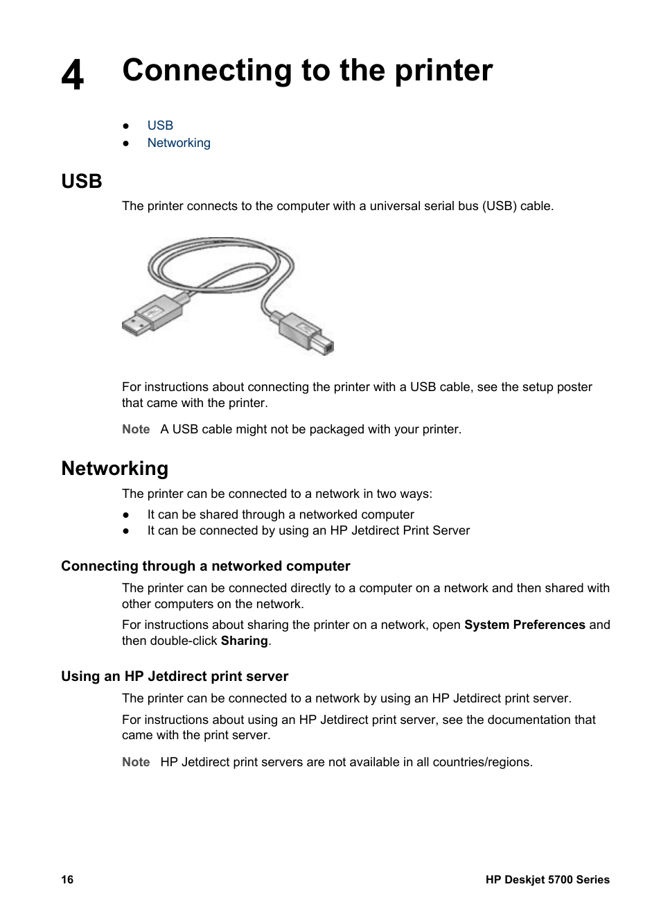 Connecting to the printer, Networking, Connecting through a networked computer | Using an hp jetdirect print server, Usb port | HP Deskjet 5740 Color Inkjet Printer User Manual | Page 18 / 102