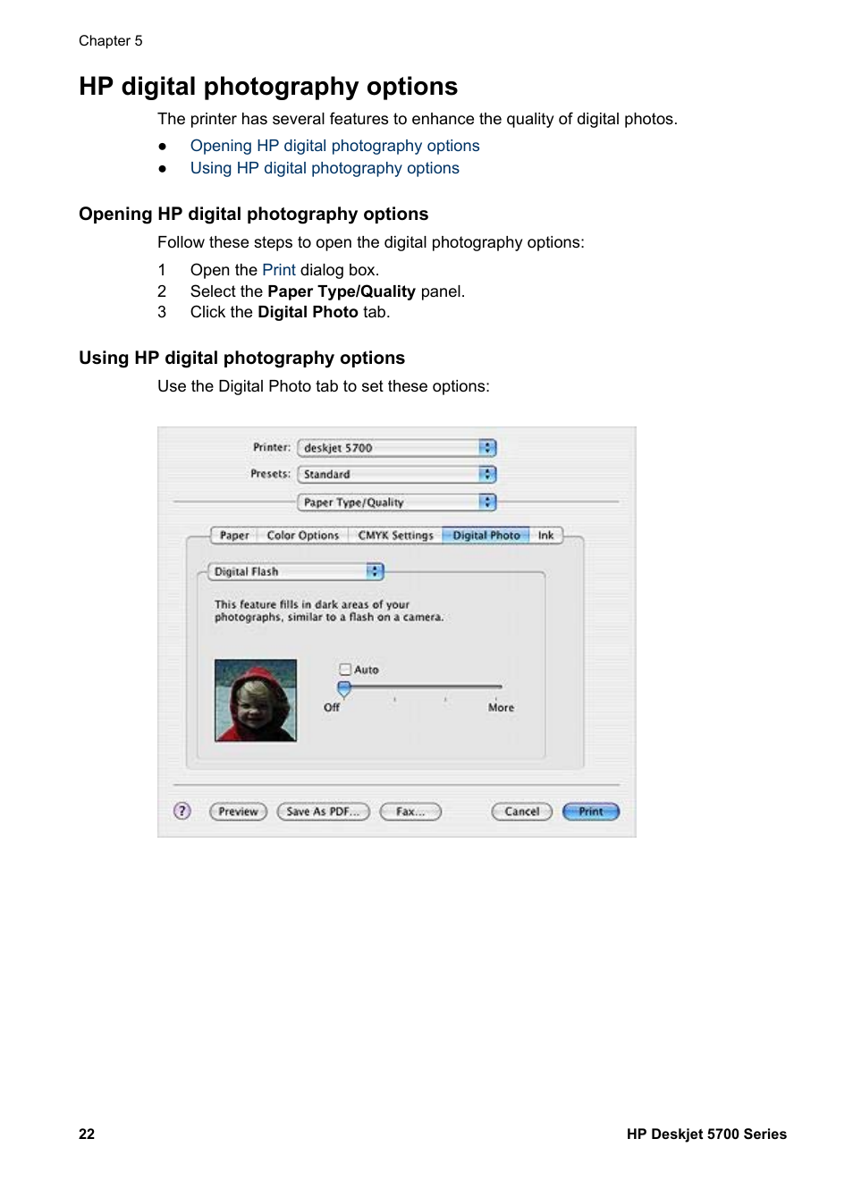 Hp digital photography options, Opening hp digital photography options, Using hp digital photography options | Printer’s, Digital photo printing, Hp digital photography, Options to touch | HP Deskjet 5740 Color Inkjet Printer User Manual | Page 24 / 102