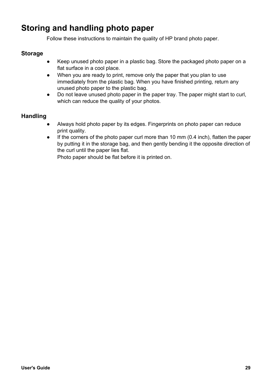 Storing and handling photo paper, Storage, Handling | By following the, Photo paper storage and handling, Guidelines | HP Deskjet 5740 Color Inkjet Printer User Manual | Page 31 / 102