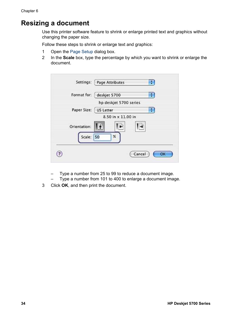 Resizing a document, Resize, The document as needed | HP Deskjet 5740 Color Inkjet Printer User Manual | Page 36 / 102