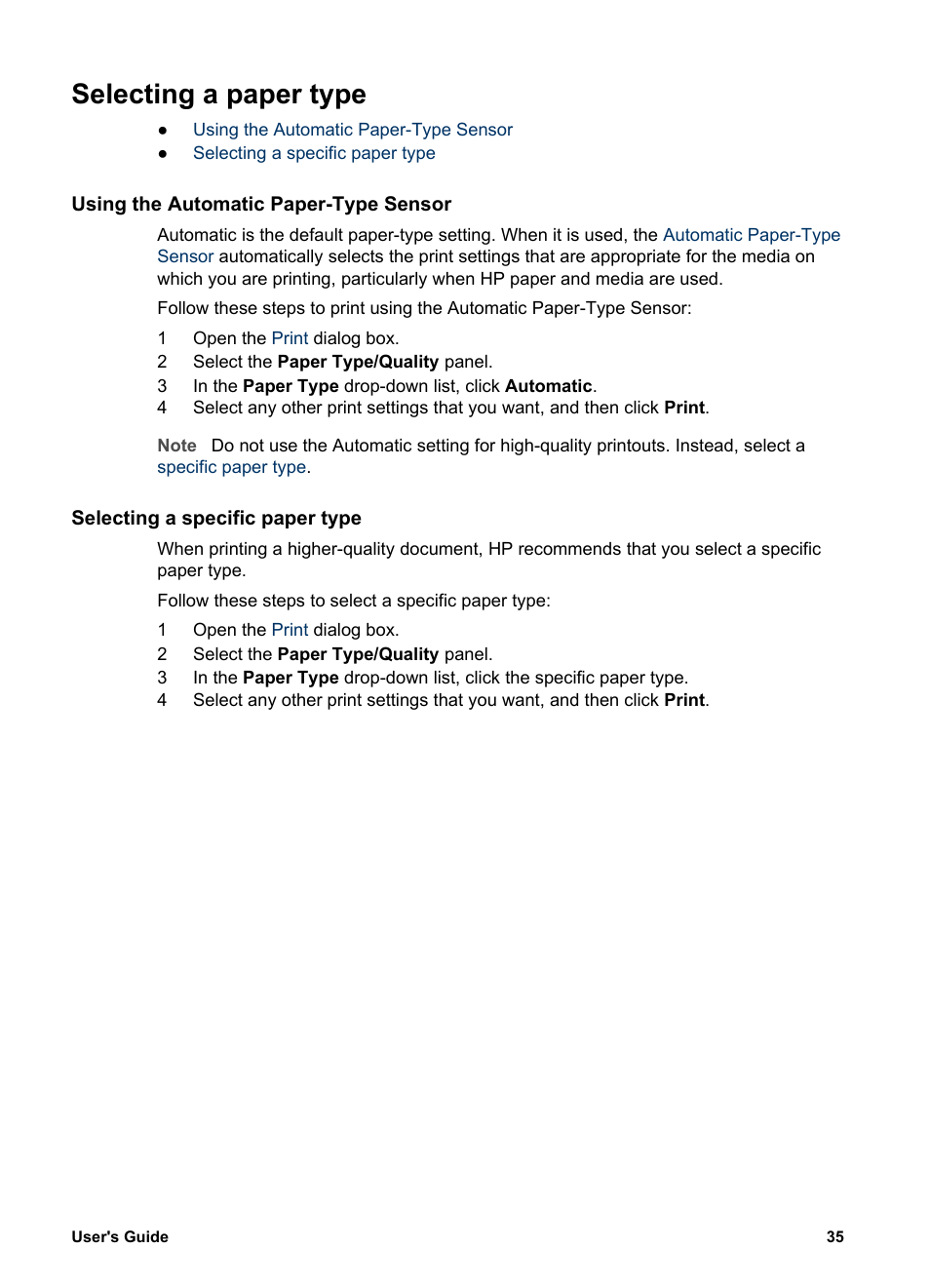 Selecting a paper type, Using the automatic paper-type sensor, Selecting a specific paper type | Right, Paper type | HP Deskjet 5740 Color Inkjet Printer User Manual | Page 37 / 102