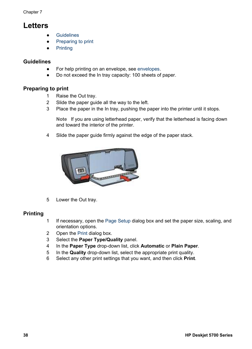 Letters, Guidelines, Preparing to print | Printing | HP Deskjet 5740 Color Inkjet Printer User Manual | Page 40 / 102