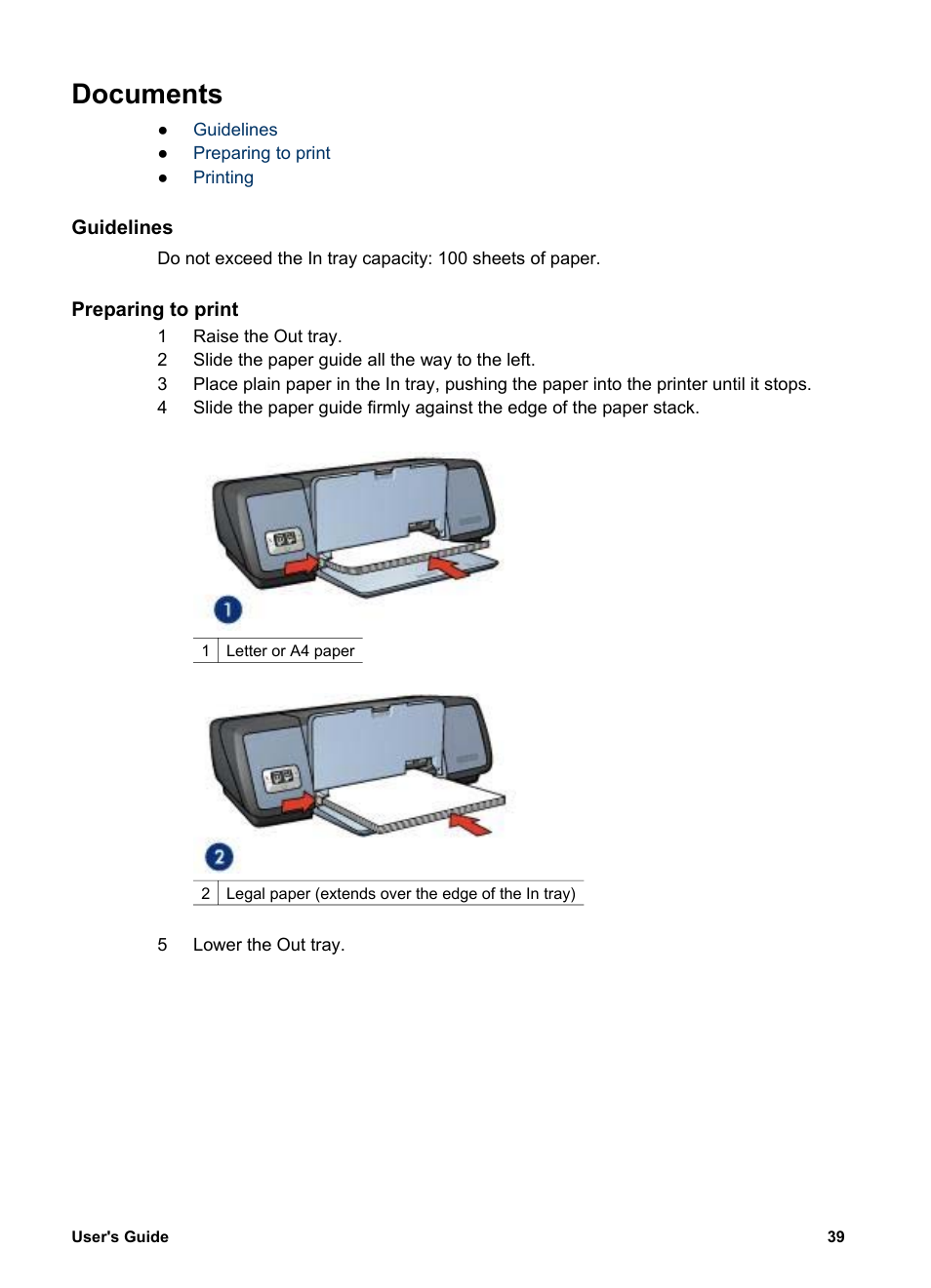 Documents, Guidelines, Preparing to print | HP Deskjet 5740 Color Inkjet Printer User Manual | Page 41 / 102