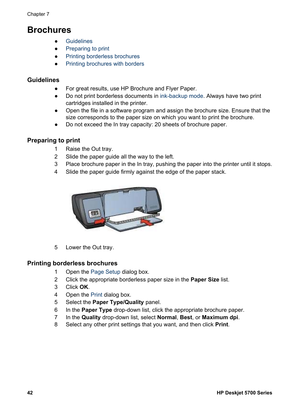 Brochures, Guidelines, Preparing to print | Printing borderless brochures | HP Deskjet 5740 Color Inkjet Printer User Manual | Page 44 / 102