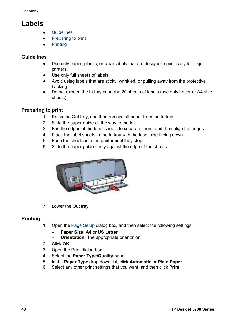 Labels, Guidelines, Preparing to print | Printing | HP Deskjet 5740 Color Inkjet Printer User Manual | Page 50 / 102