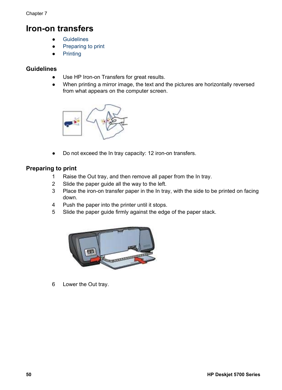 Iron-on transfers, Guidelines, Preparing to print | HP Deskjet 5740 Color Inkjet Printer User Manual | Page 52 / 102