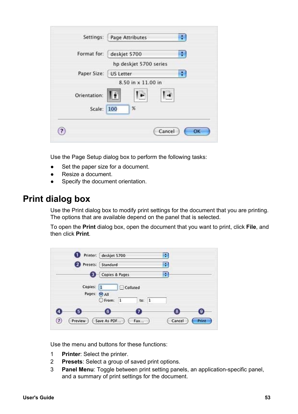 Print dialog box, Print, Use the | HP Deskjet 5740 Color Inkjet Printer User Manual | Page 55 / 102