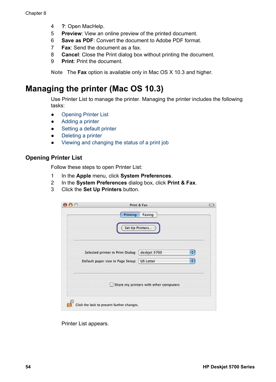 Managing the printer (mac os 10.3), Opening printer list | HP Deskjet 5740 Color Inkjet Printer User Manual | Page 56 / 102