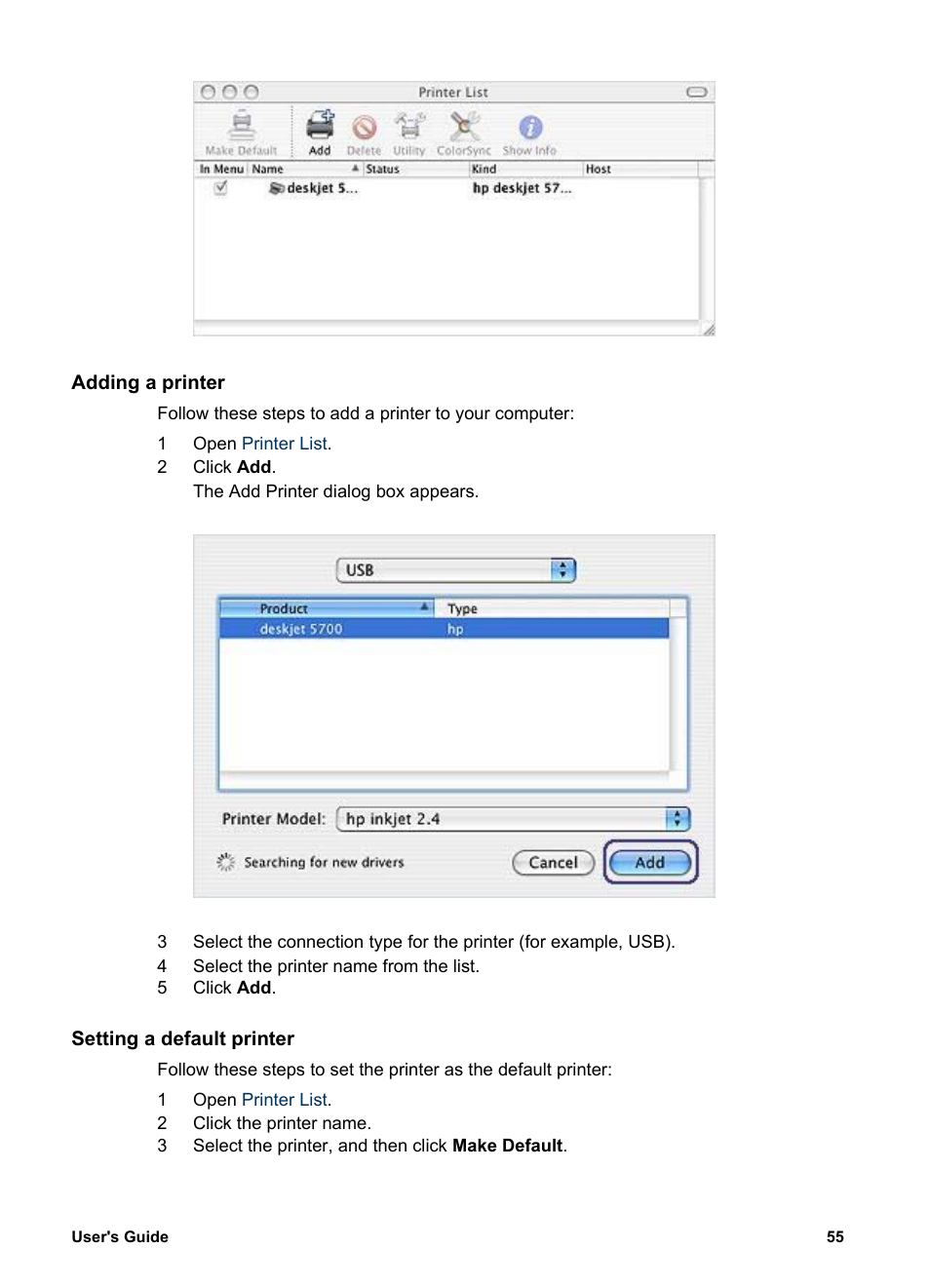 Adding a printer, Setting a default printer | HP Deskjet 5740 Color Inkjet Printer User Manual | Page 57 / 102