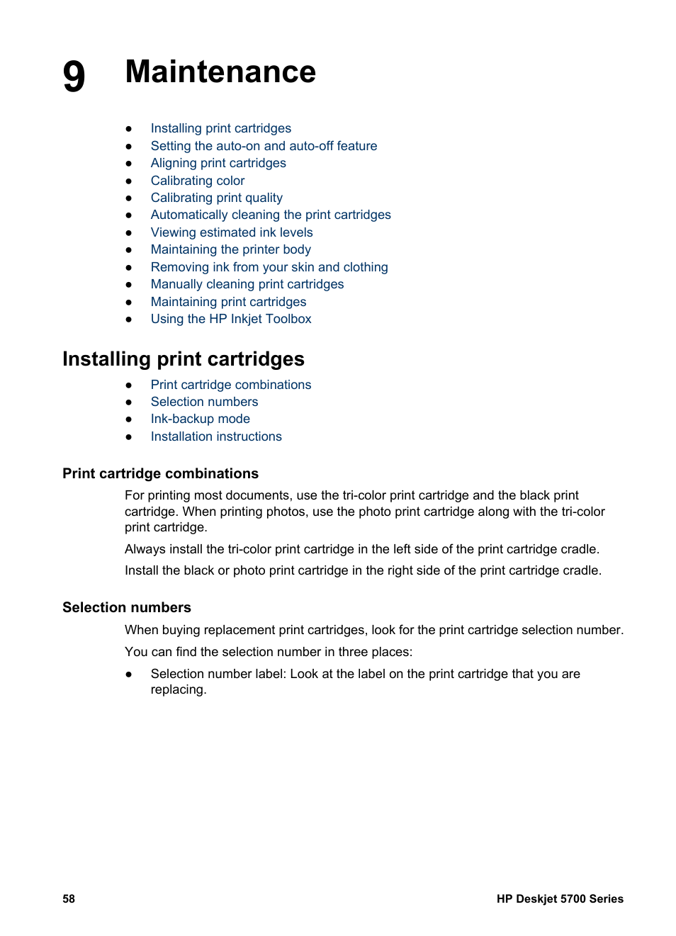 Maintenance, Installing print cartridges, Print cartridge combinations | Selection numbers, Maintenance installing print cartridges | HP Deskjet 5740 Color Inkjet Printer User Manual | Page 60 / 102