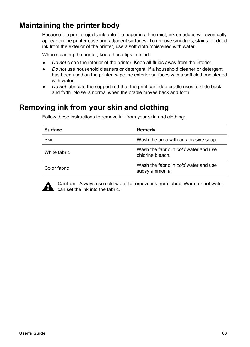 Maintaining the printer body, Removing ink from your skin and clothing | HP Deskjet 5740 Color Inkjet Printer User Manual | Page 65 / 102