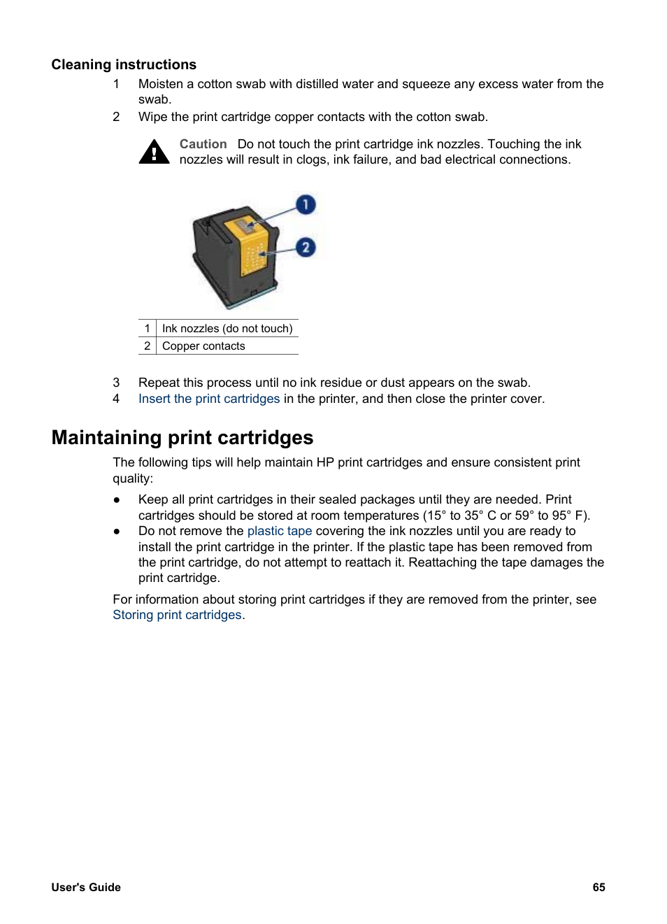 Cleaning instructions, Maintaining print cartridges | HP Deskjet 5740 Color Inkjet Printer User Manual | Page 67 / 102