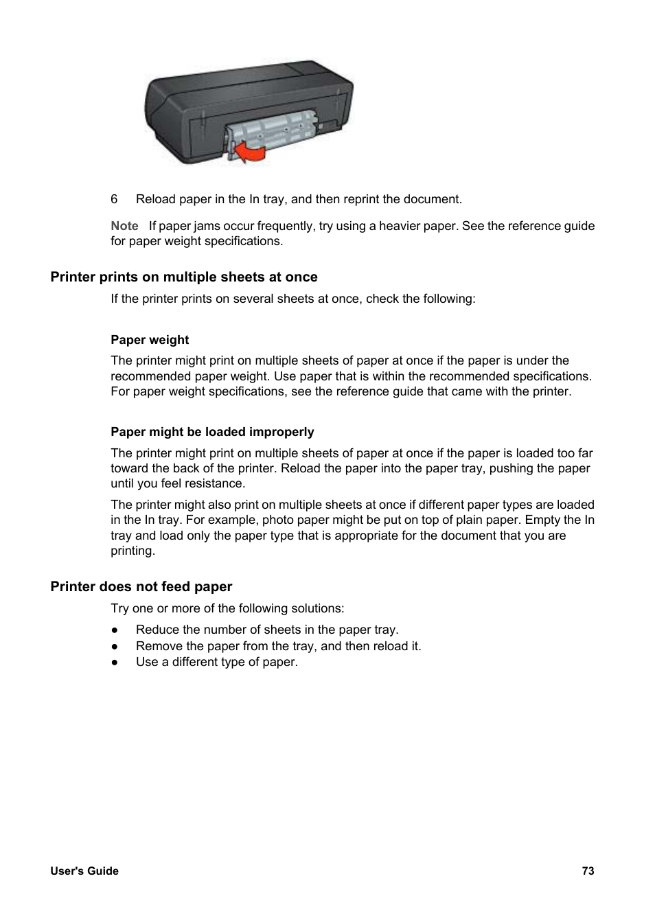 Printer prints on multiple sheets at once, Paper weight, Paper might be loaded improperly | Printer does not feed paper | HP Deskjet 5740 Color Inkjet Printer User Manual | Page 75 / 102