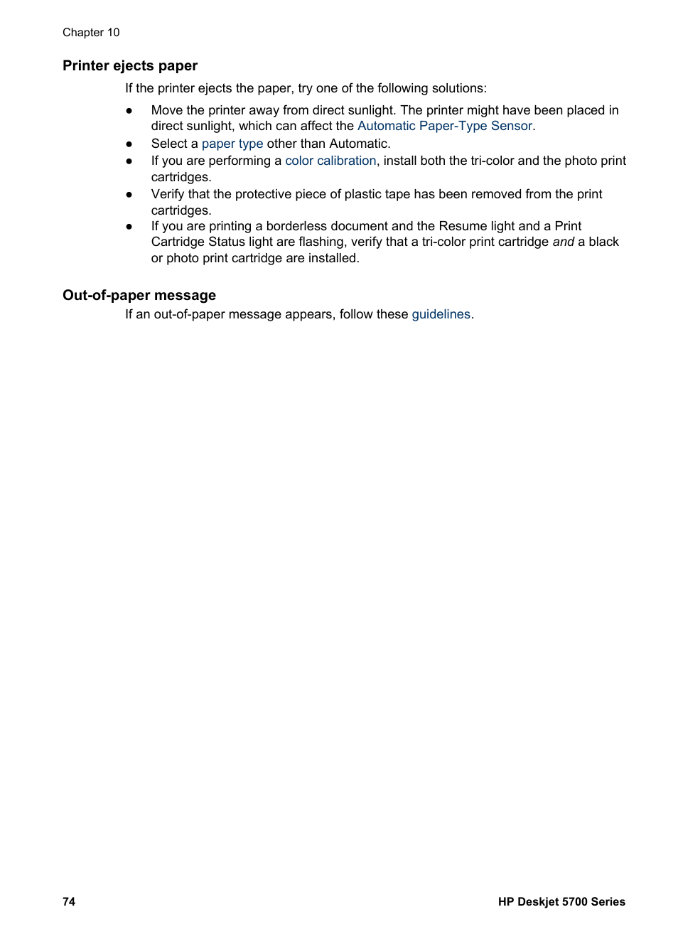 Printer ejects paper, Out-of-paper message | HP Deskjet 5740 Color Inkjet Printer User Manual | Page 76 / 102
