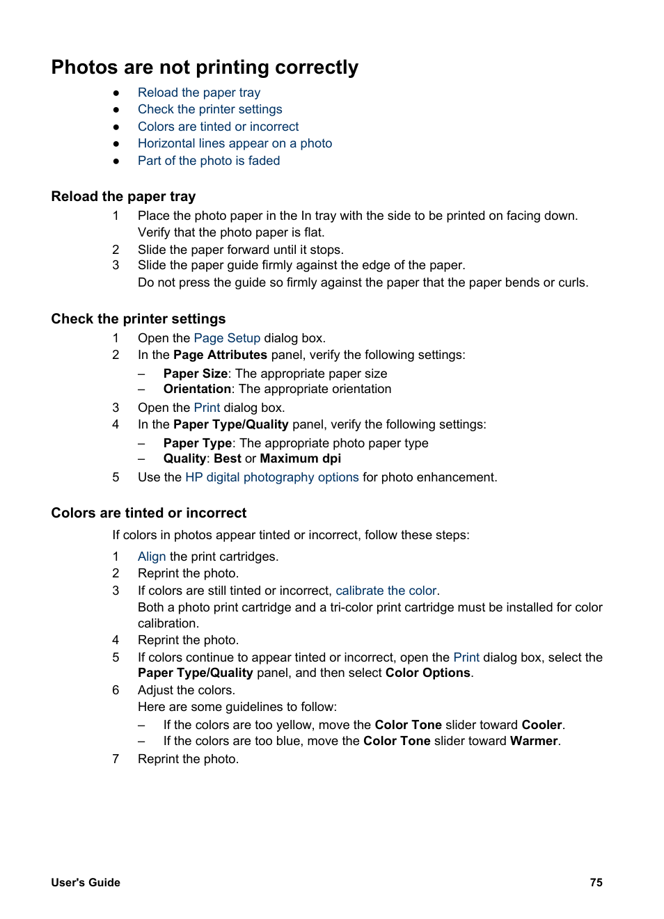 Photos are not printing correctly, Reload the paper tray, Check the printer settings | Colors are tinted or incorrect | HP Deskjet 5740 Color Inkjet Printer User Manual | Page 77 / 102