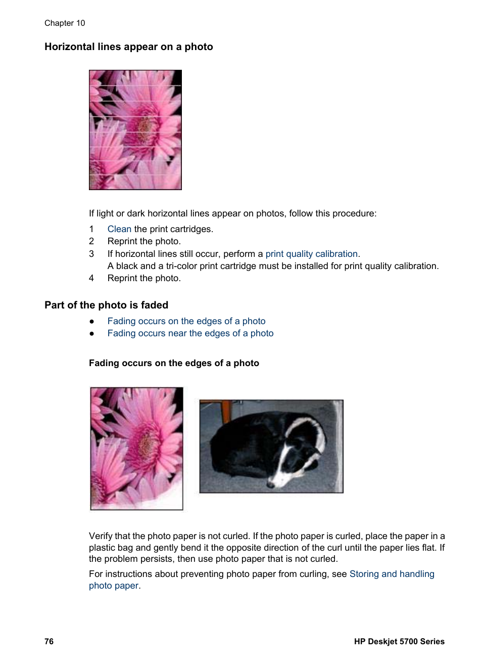 Horizontal lines appear on a photo, Part of the photo is faded, Fading occurs on the edges of a photo | Fading occurs near the edges of a photo | HP Deskjet 5740 Color Inkjet Printer User Manual | Page 78 / 102