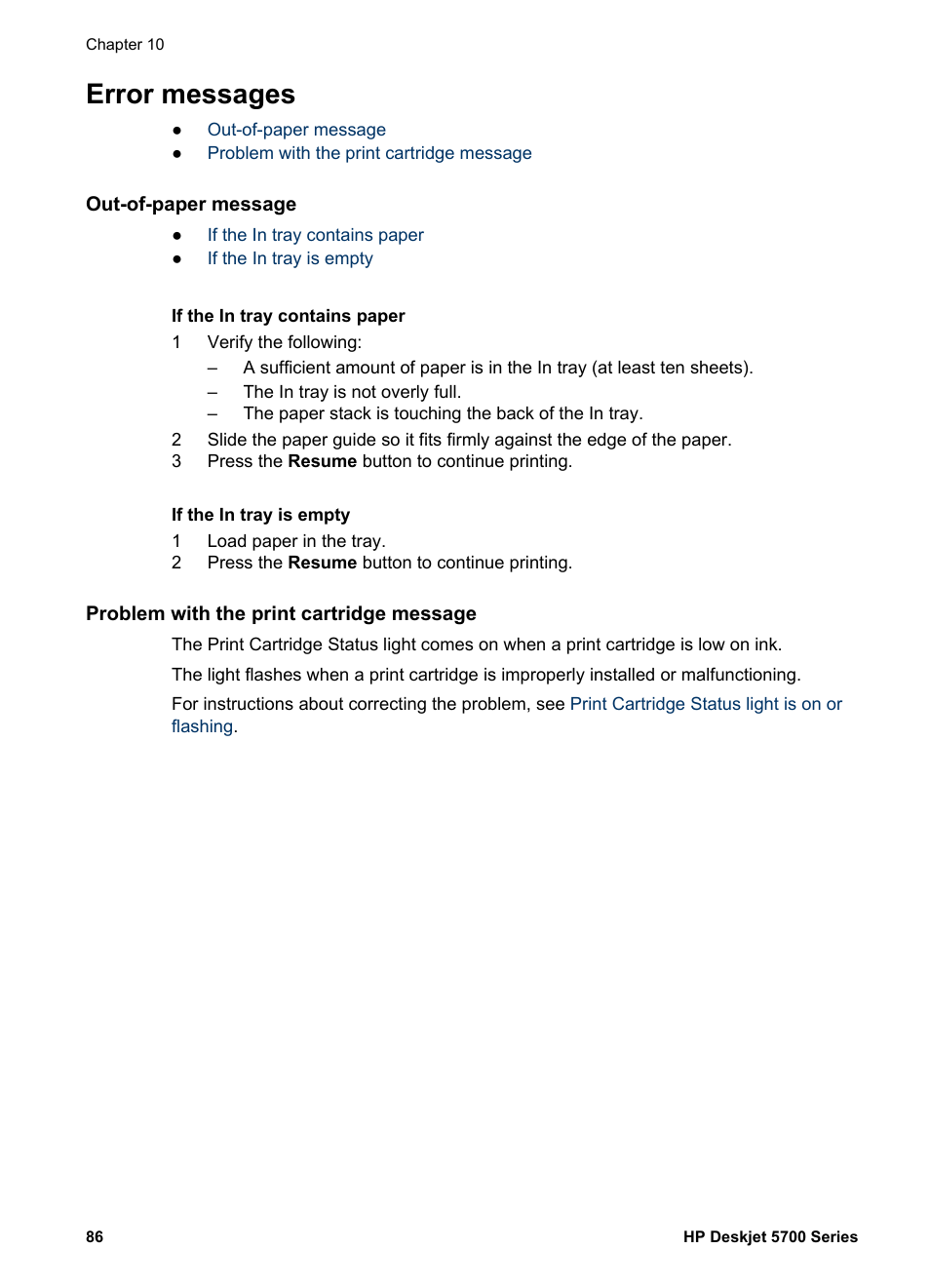 Error messages, Out-of-paper message, If the in tray contains paper | If the in tray is empty, Problem with the print cartridge message, Follow these, Guidelines | HP Deskjet 5740 Color Inkjet Printer User Manual | Page 88 / 102