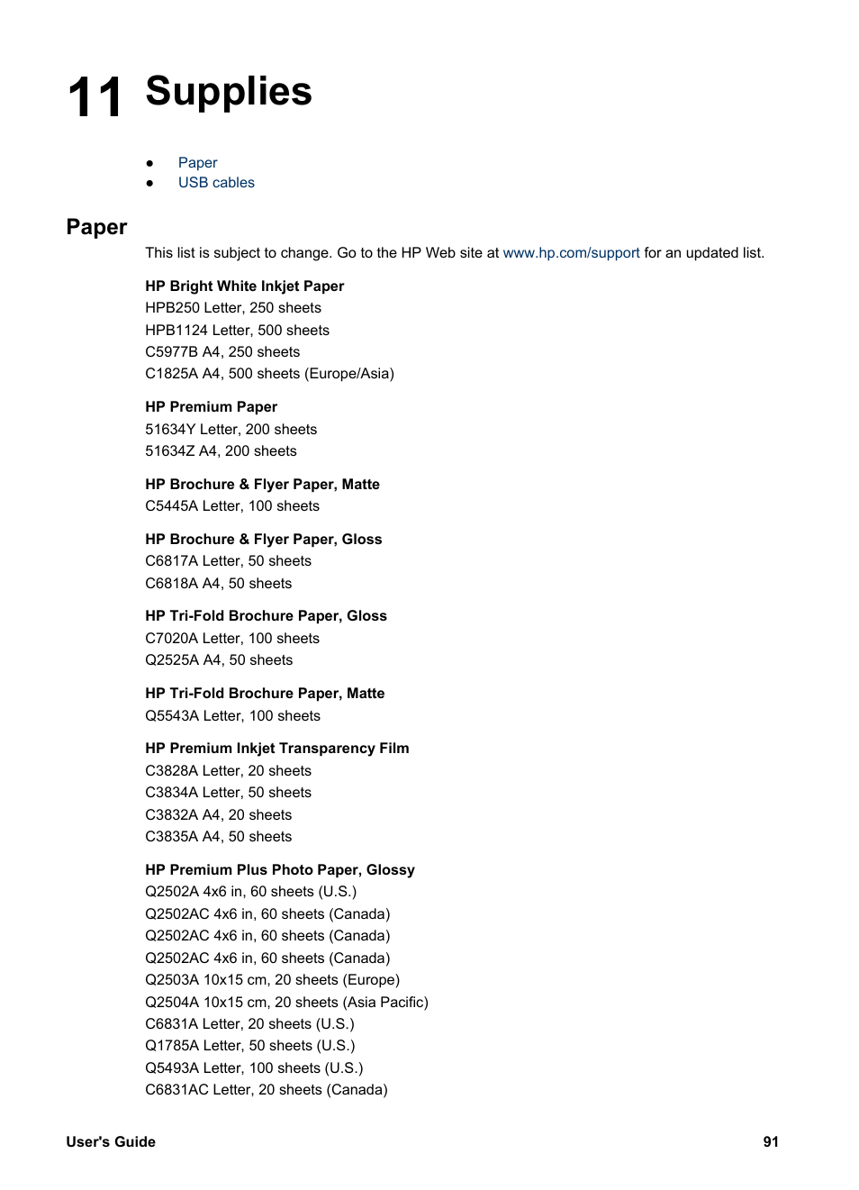 Supplies, Paper, 11 supplies | HP Deskjet 5740 Color Inkjet Printer User Manual | Page 93 / 102