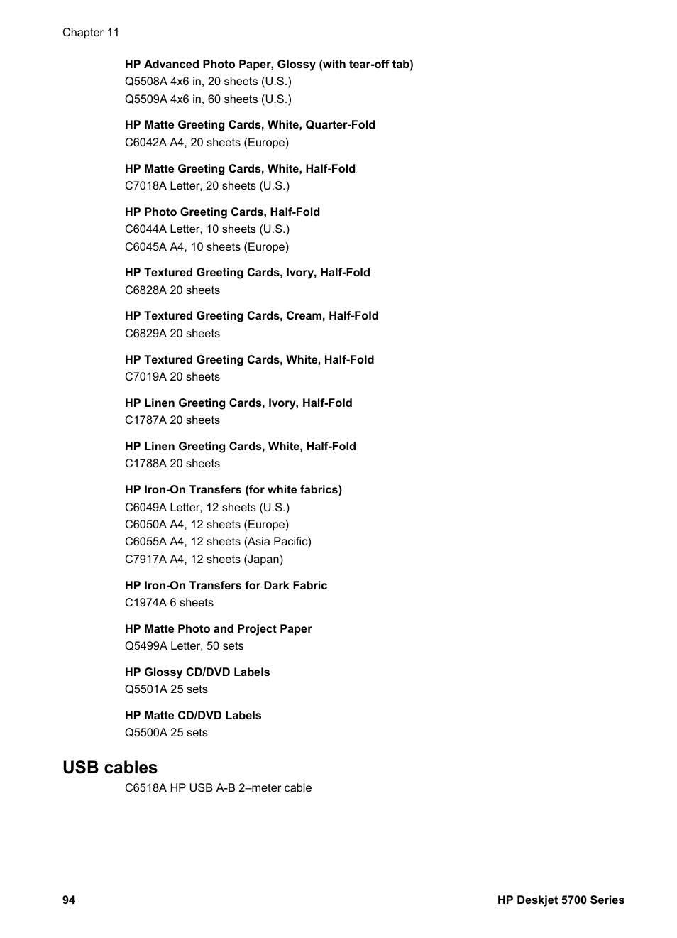Usb cables | HP Deskjet 5740 Color Inkjet Printer User Manual | Page 96 / 102