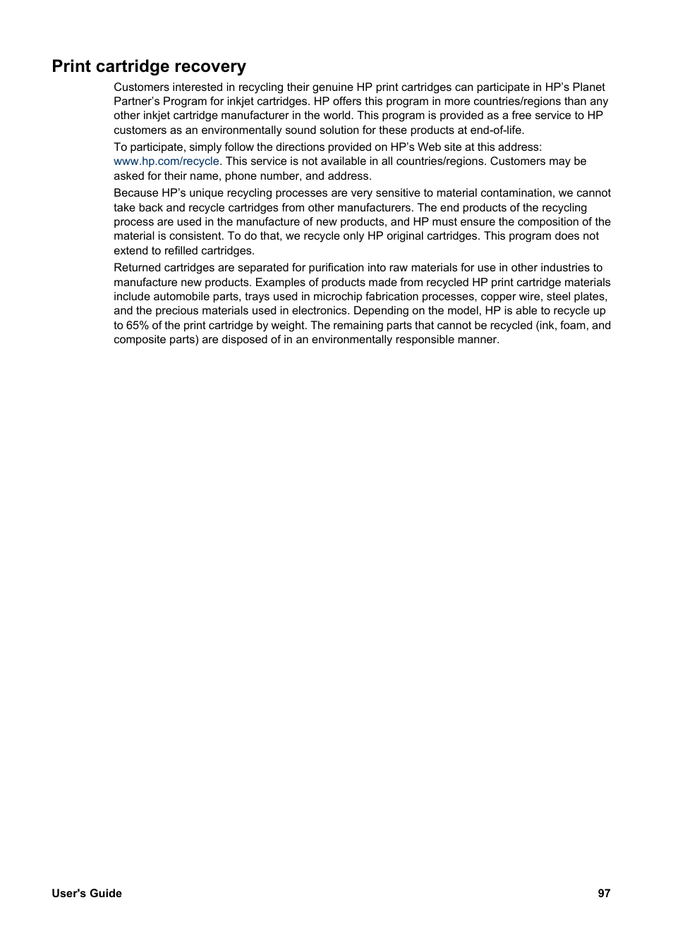 Print cartridge recovery, To return empty print cartridges to hp, see | HP Deskjet 5740 Color Inkjet Printer User Manual | Page 99 / 102