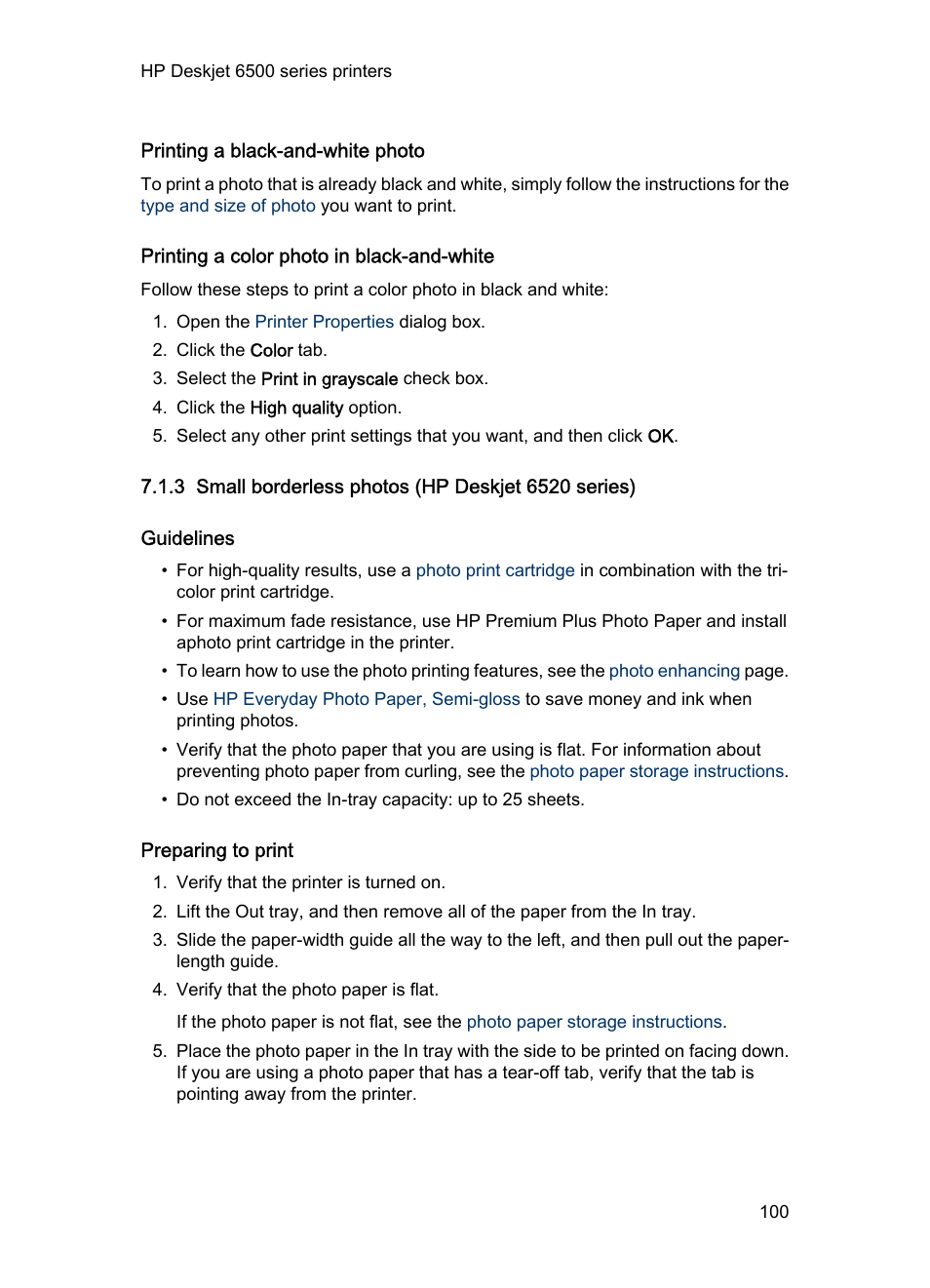 Printing a black-and-white photo, Printing a color photo in black-and-white, 3 small borderless photos (hp deskjet 6520 series) | Guidelines, Preparing to print, Small borderless photo | HP Deskjet 6540 Color Inkjet Printer User Manual | Page 100 / 201