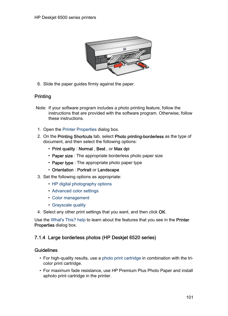 Printing, 4 large borderless photos (hp deskjet 6520 series), Guidelines | Large borderless photo | HP Deskjet 6540 Color Inkjet Printer User Manual | Page 101 / 201