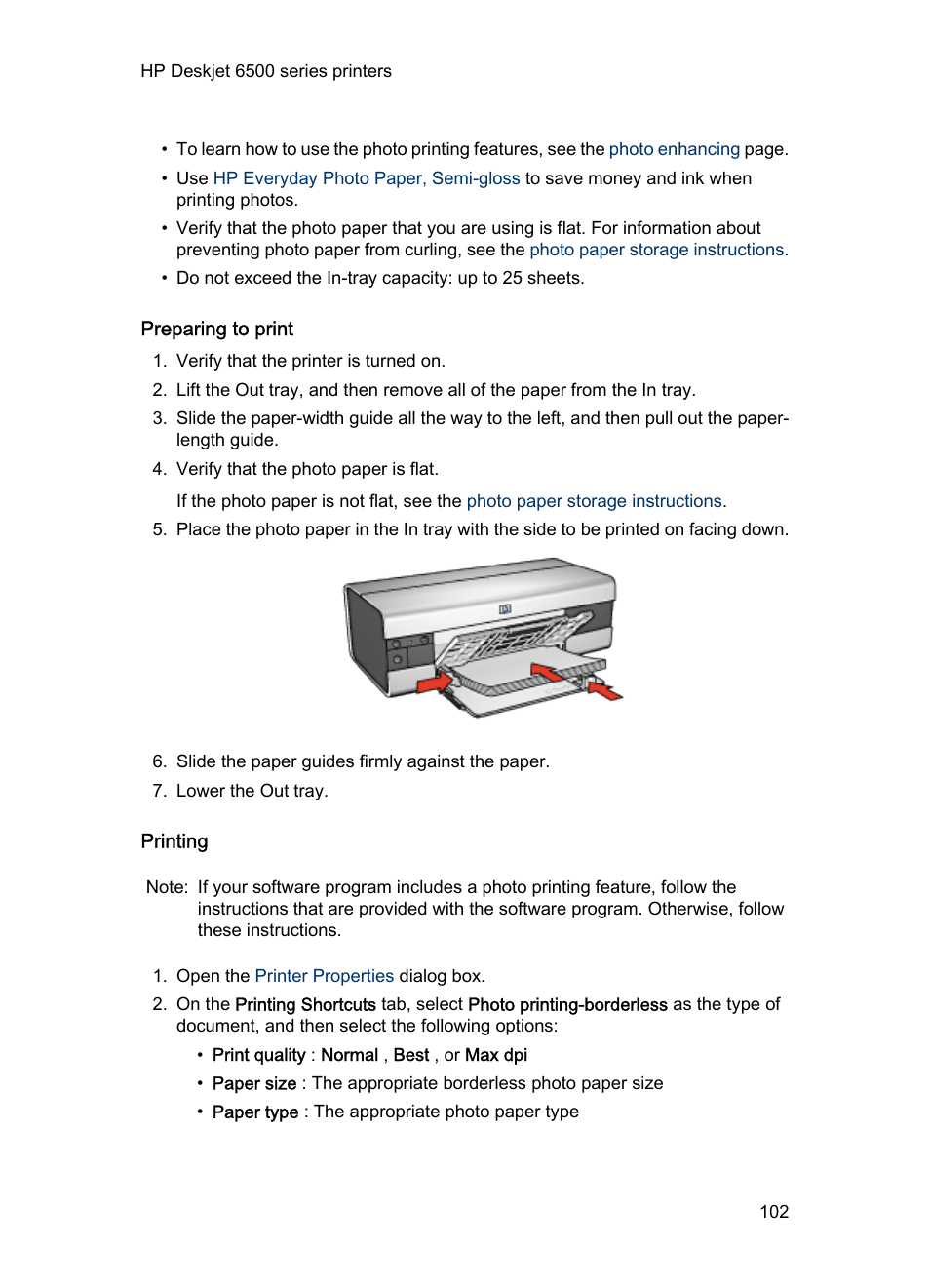 Preparing to print, Printing | HP Deskjet 6540 Color Inkjet Printer User Manual | Page 102 / 201