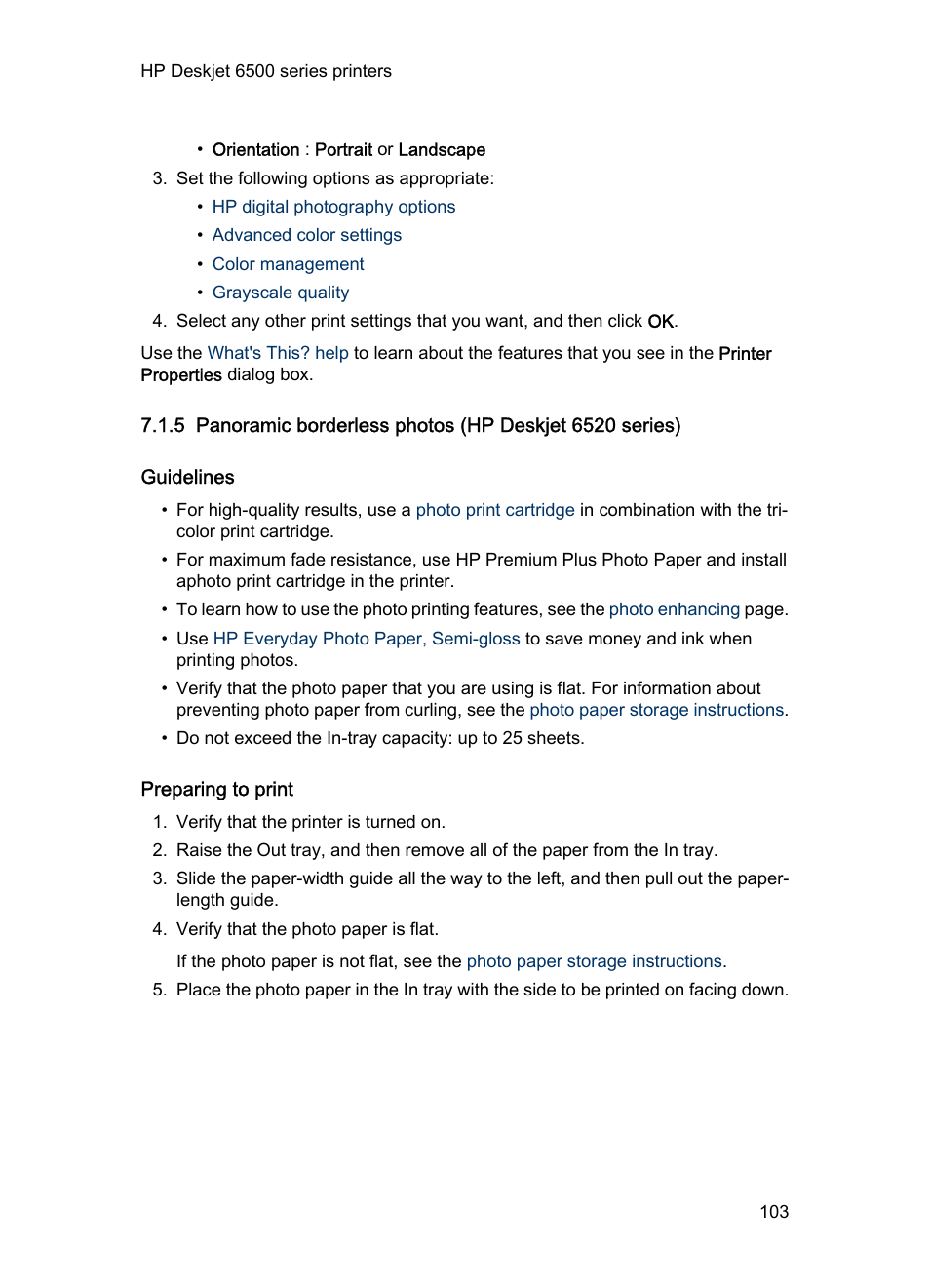 Guidelines, Preparing to print, Panoramic borderless photo | HP Deskjet 6540 Color Inkjet Printer User Manual | Page 103 / 201