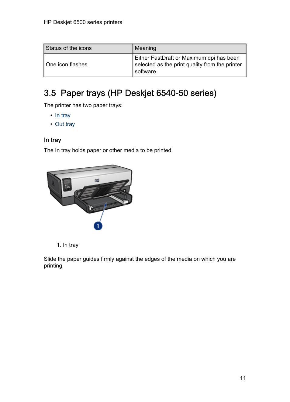 5 paper trays (hp deskjet 6540-50 series), In tray, Paper trays | HP Deskjet 6540 Color Inkjet Printer User Manual | Page 11 / 201