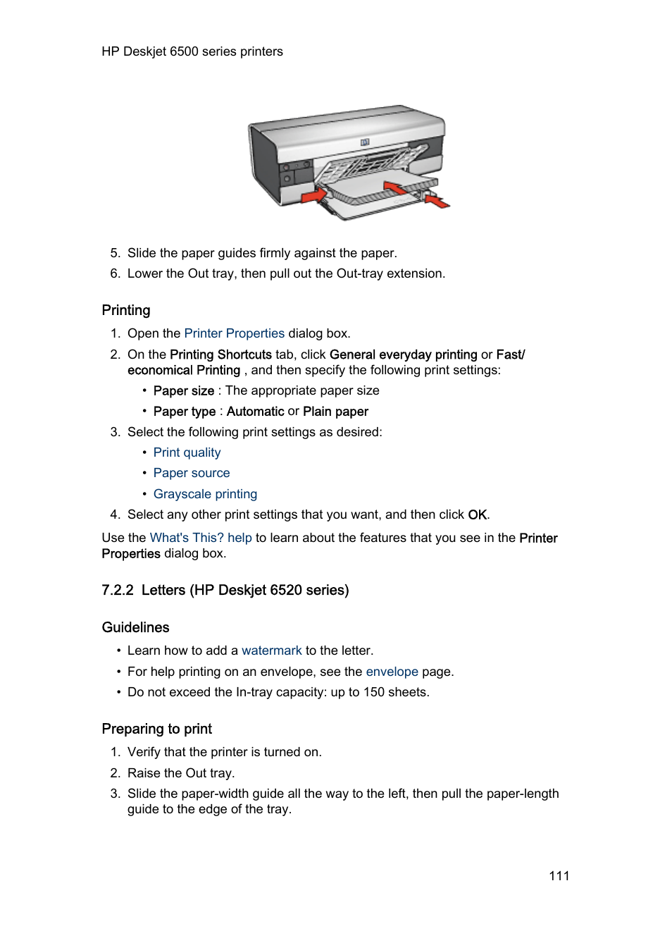 Printing, 2 letters (hp deskjet 6520 series), Guidelines | Preparing to print, Letters | HP Deskjet 6540 Color Inkjet Printer User Manual | Page 111 / 201