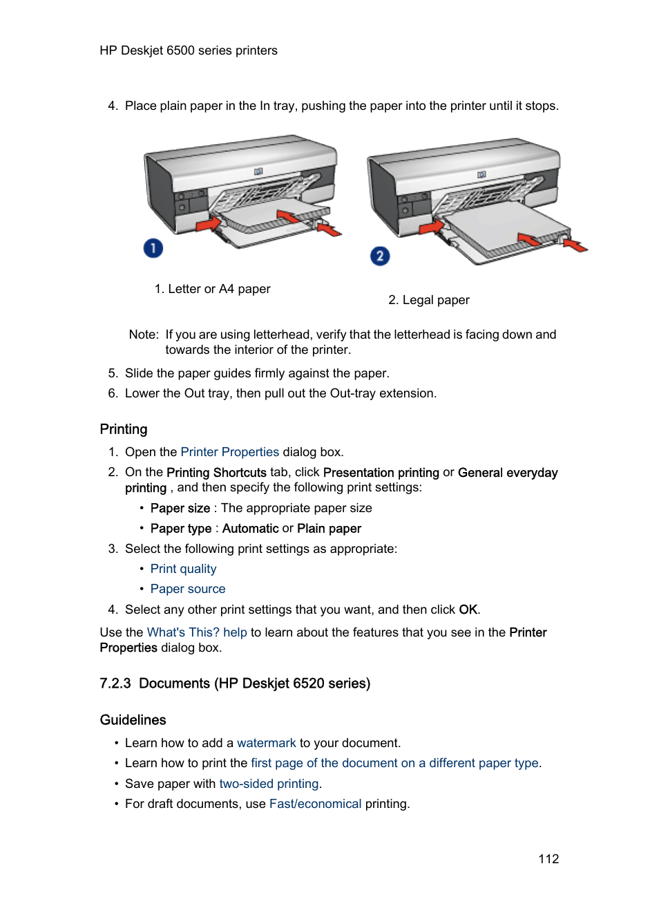 Printing, 3 documents (hp deskjet 6520 series), Guidelines | Documents | HP Deskjet 6540 Color Inkjet Printer User Manual | Page 112 / 201