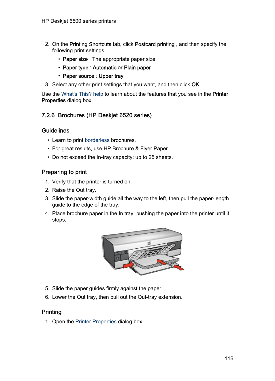 6 brochures (hp deskjet 6520 series), Guidelines, Preparing to print | Printing, Brochures | HP Deskjet 6540 Color Inkjet Printer User Manual | Page 116 / 201