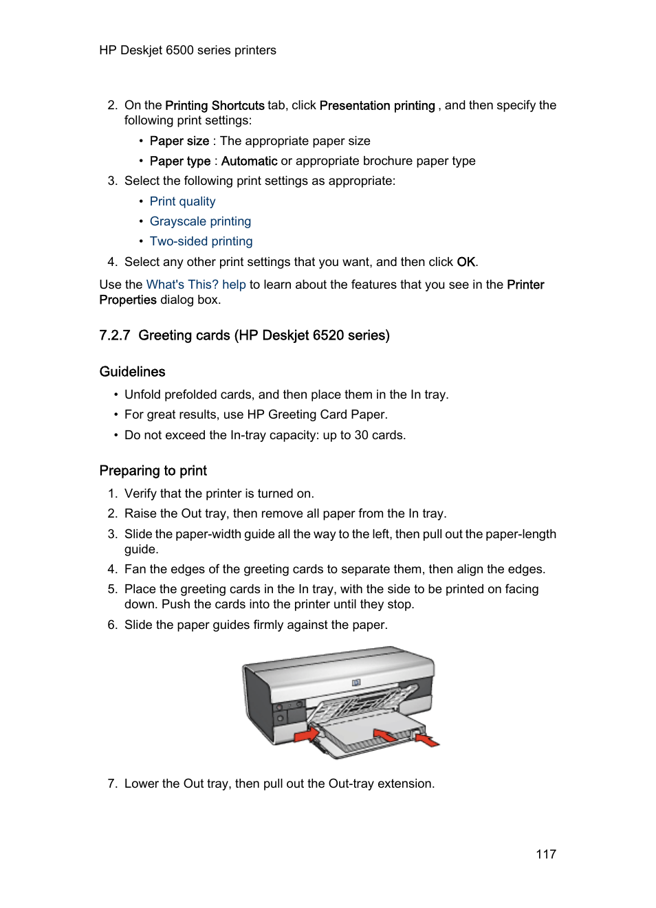 7 greeting cards (hp deskjet 6520 series), Guidelines, Preparing to print | Greeting cards | HP Deskjet 6540 Color Inkjet Printer User Manual | Page 117 / 201