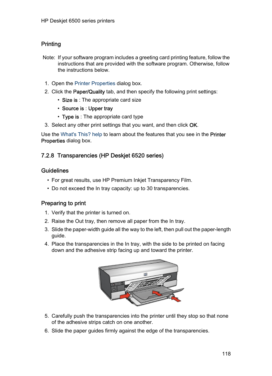 Printing, 8 transparencies (hp deskjet 6520 series), Guidelines | Preparing to print, Transparencies | HP Deskjet 6540 Color Inkjet Printer User Manual | Page 118 / 201