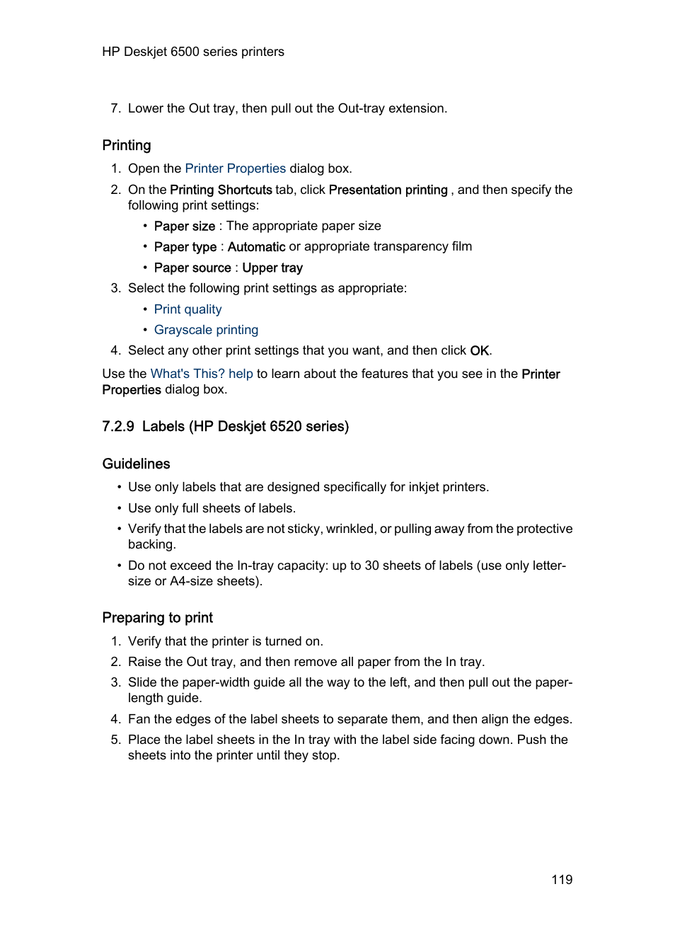 Printing, 9 labels (hp deskjet 6520 series), Guidelines | Preparing to print, Labels | HP Deskjet 6540 Color Inkjet Printer User Manual | Page 119 / 201