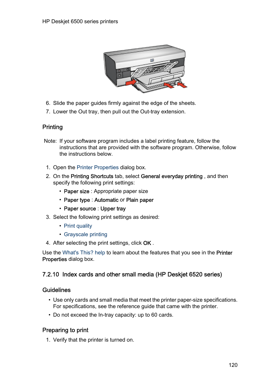 Printing, Guidelines, Preparing to print | Index cards | HP Deskjet 6540 Color Inkjet Printer User Manual | Page 120 / 201