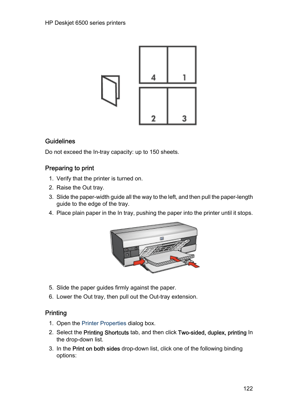 Guidelines, Preparing to print, Printing | HP Deskjet 6540 Color Inkjet Printer User Manual | Page 122 / 201