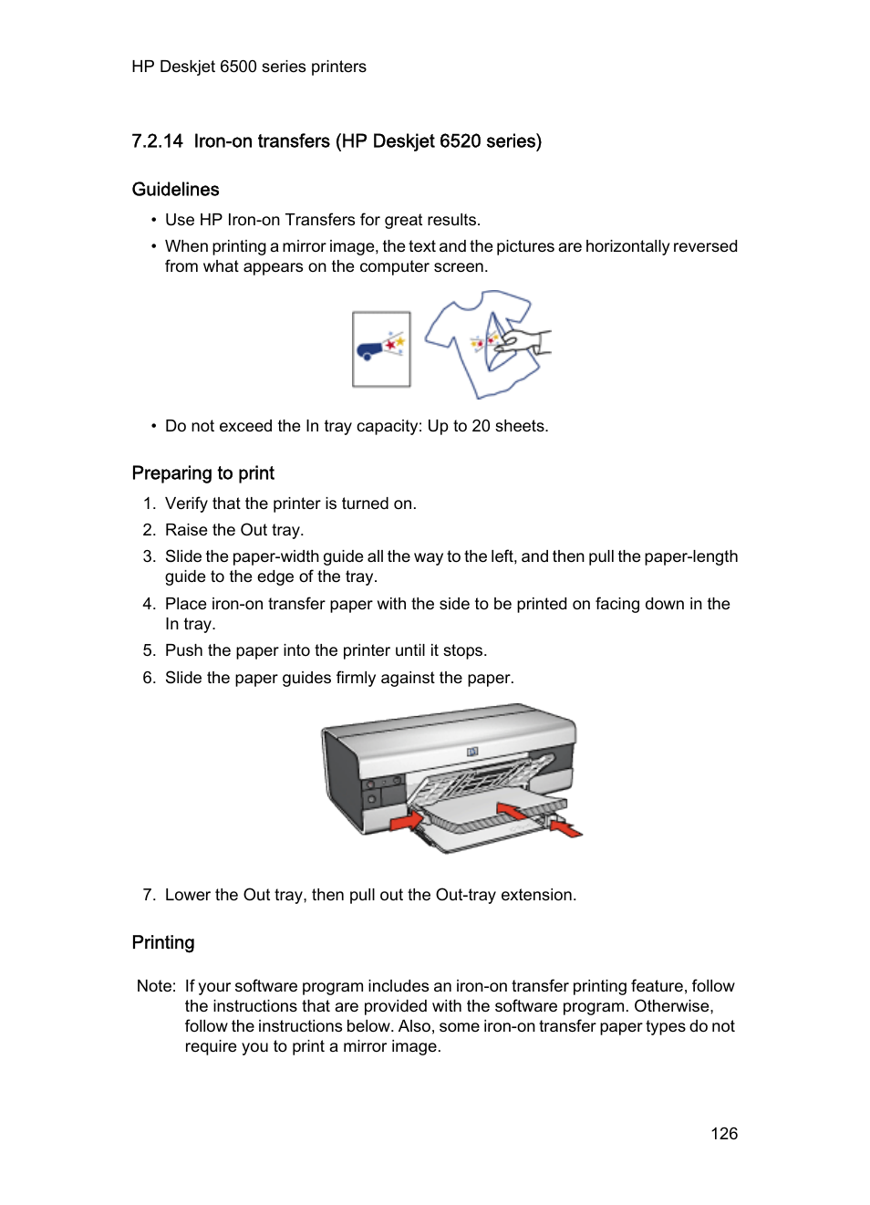 14 iron-on transfers (hp deskjet 6520 series), Guidelines, Preparing to print | Printing, Iron-on, Transfers | HP Deskjet 6540 Color Inkjet Printer User Manual | Page 126 / 201