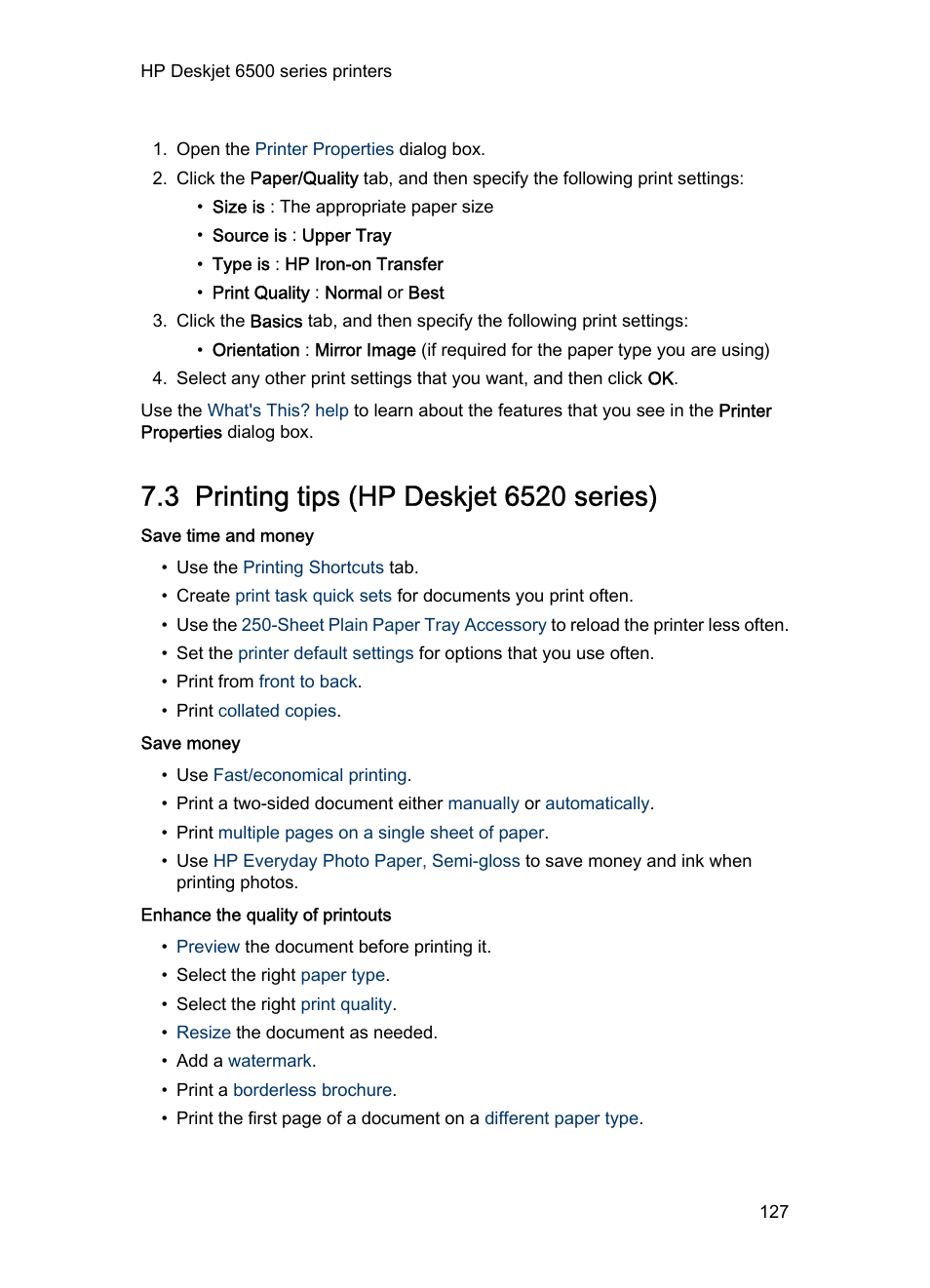 3 printing tips (hp deskjet 6520 series), Printing tips, These | HP Deskjet 6540 Color Inkjet Printer User Manual | Page 127 / 201