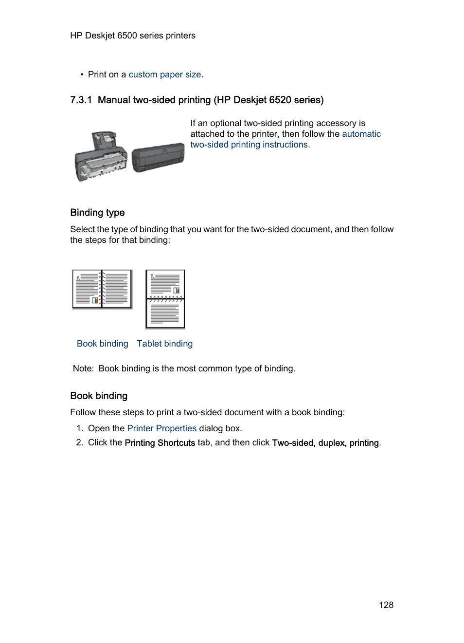 Binding type, Book binding, Two-sided printing | Manually | HP Deskjet 6540 Color Inkjet Printer User Manual | Page 128 / 201