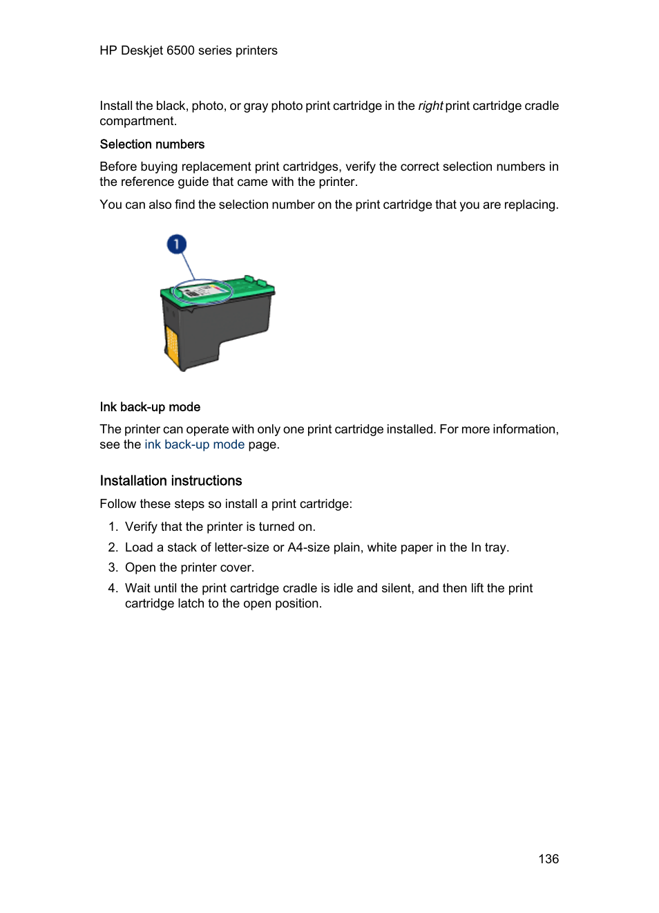 Selection numbers, Ink back-up mode, Installation instructions | HP Deskjet 6540 Color Inkjet Printer User Manual | Page 136 / 201