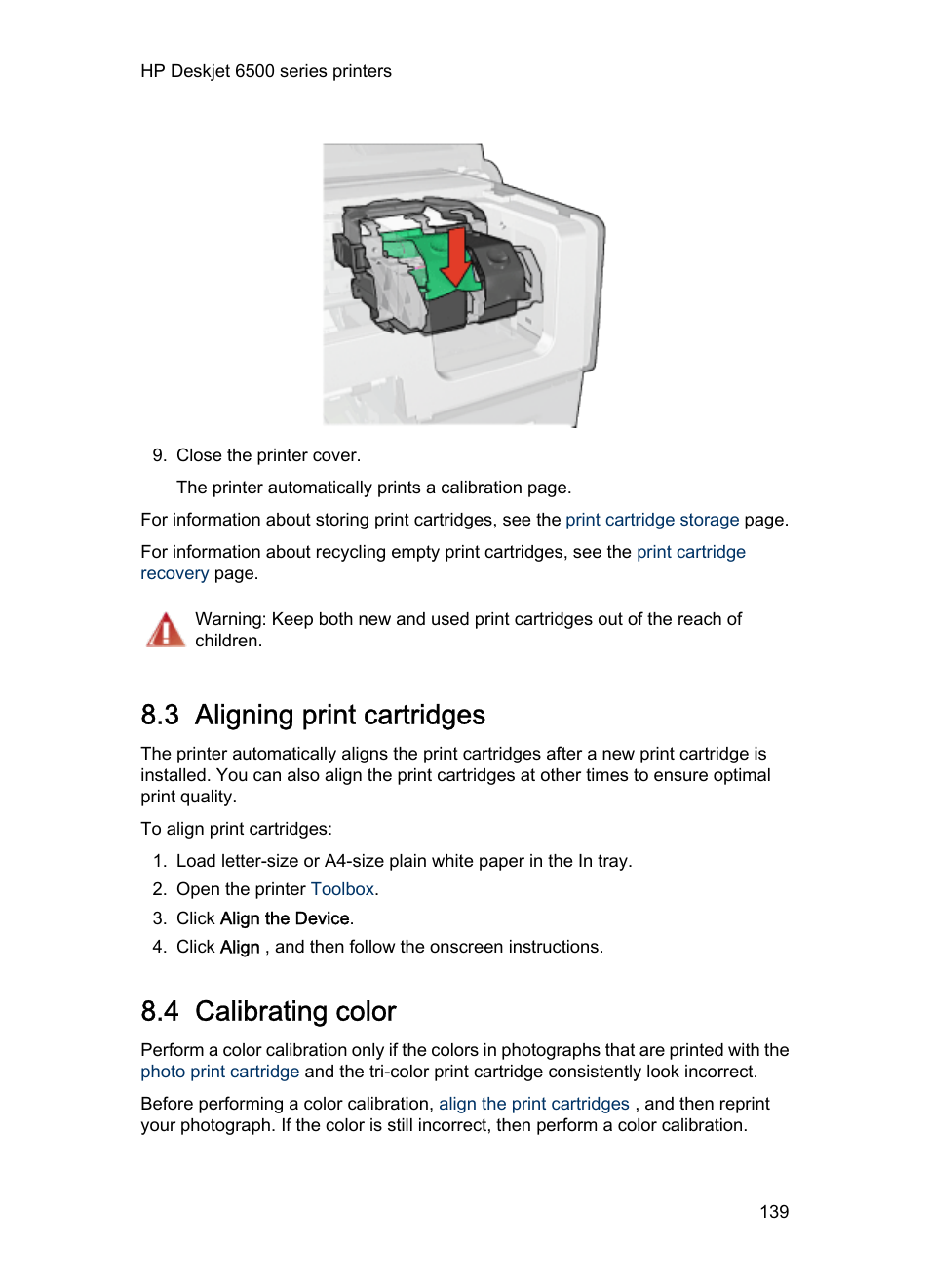 3 aligning print cartridges, 4 calibrating color | HP Deskjet 6540 Color Inkjet Printer User Manual | Page 139 / 201