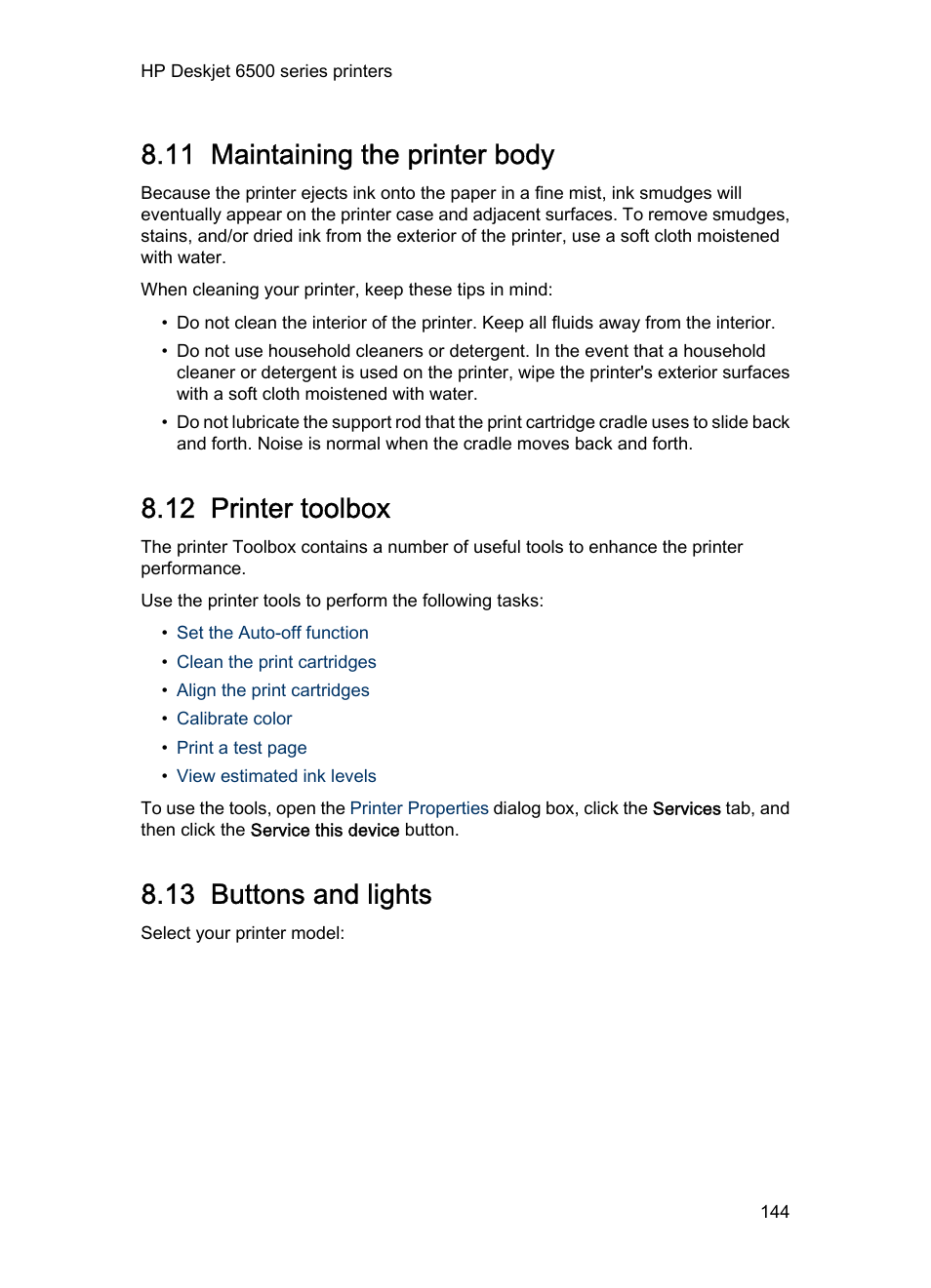 11 maintaining the printer body, 12 printer toolbox, 13 buttons and lights | Toolbox | HP Deskjet 6540 Color Inkjet Printer User Manual | Page 144 / 201