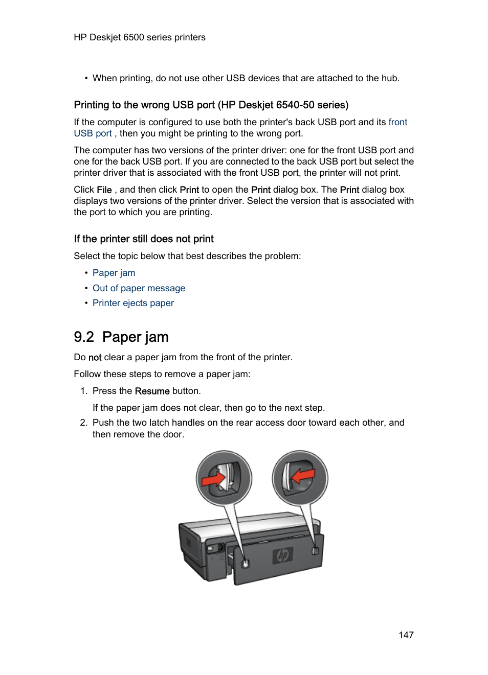 If the printer still does not print, 2 paper jam, Paper jam | HP Deskjet 6540 Color Inkjet Printer User Manual | Page 147 / 201