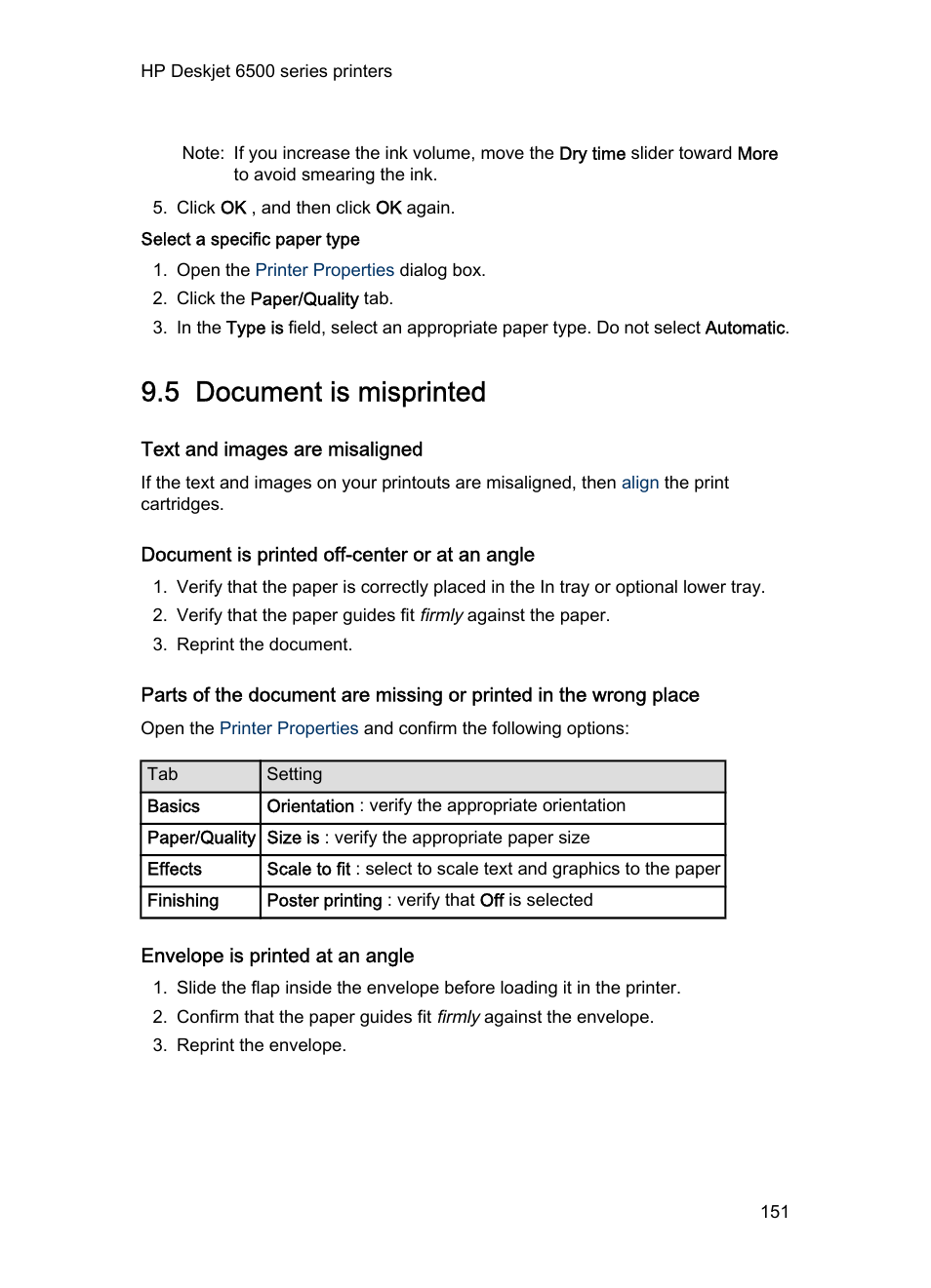 Select a specific paper type, 5 document is misprinted, Text and images are misaligned | Document is printed off-center or at an angle, Envelope is printed at an angle, Document is misprinted | HP Deskjet 6540 Color Inkjet Printer User Manual | Page 151 / 201