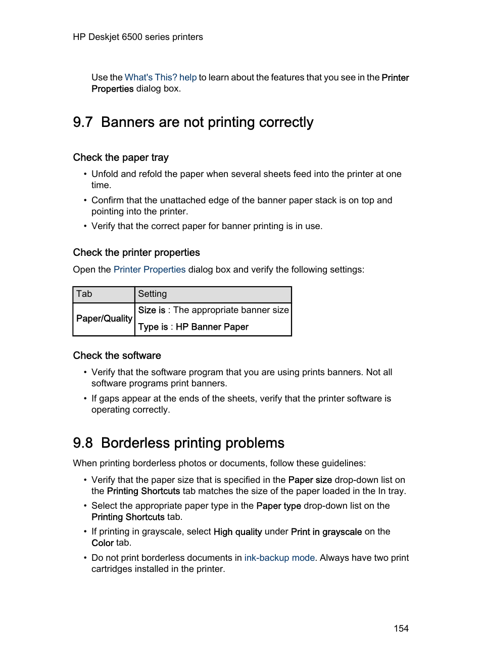 7 banners are not printing correctly, Check the paper tray, Check the printer properties | Check the software, 8 borderless printing problems, Banners are not printing correctly, Borderless printing problems, Cartridge status light are flashing, follow the, Borderless printing guidelines | HP Deskjet 6540 Color Inkjet Printer User Manual | Page 154 / 201