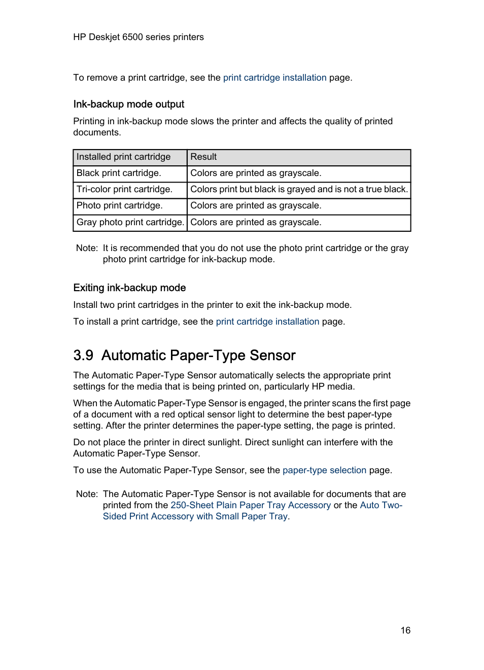 Ink-backup mode output, Exiting ink-backup mode, 9 automatic paper-type sensor | Automatic paper type sensor, Automatic paper-type sensor, Not illustrated) | HP Deskjet 6540 Color Inkjet Printer User Manual | Page 16 / 201